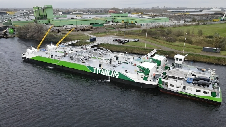 Titan LNG bunkering vessel supplying fuel to ships