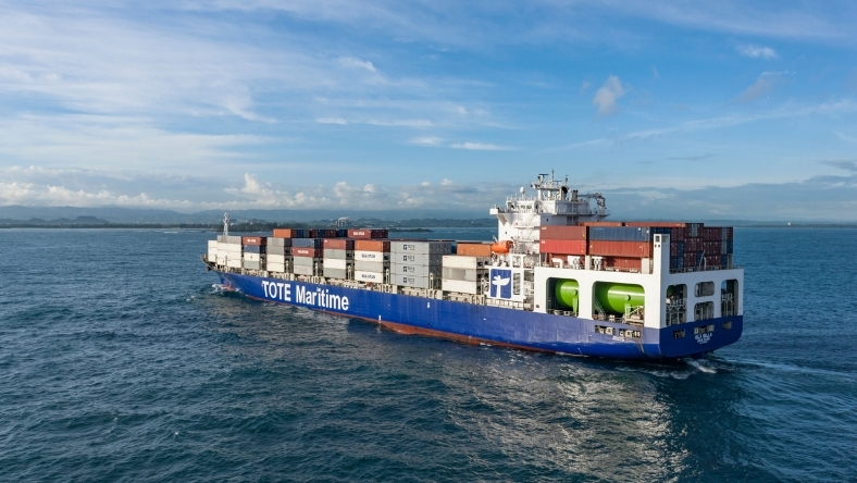 TOTE Maritime LNG-powered container vessel underway in open waters
